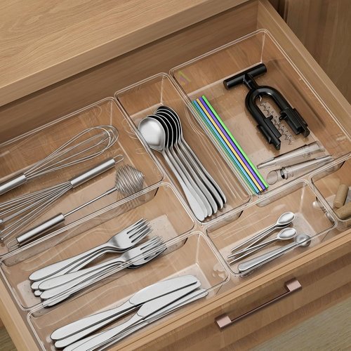 25 Piece Clear Drawer Organizer Set, 4 Sizes Bathroom Vanity Organizer Trays and Storage Bins for Makeup, Cosmetics, Jewelry, and Gadgets. Perfect for Office, Kitchen, Bedroom, Bathroom Use.