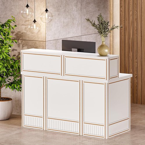 Little Tree 57-Inch Reception Desk - Modern Boho Style Front Desk for Retail, Salon, Office | White