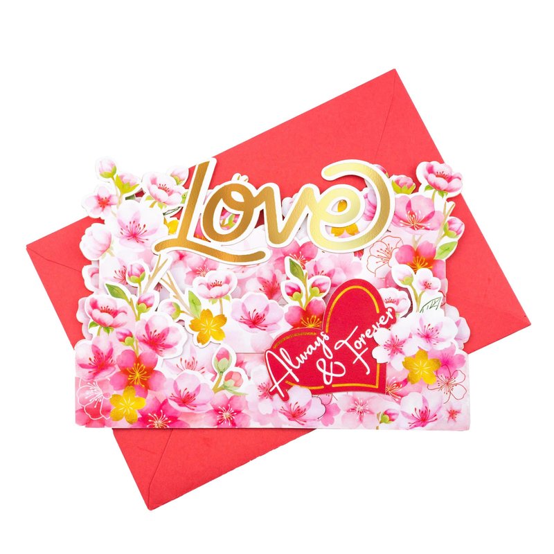 DESIMPLE Sweet Cherry Blossom Pop Up Card, 7 Inch Flower 3D Greeting Card with “Always & Forever” Heart, Romantic Anniversary Card for Valentine’s Day, Birthday, Includes Envelope & Message Note