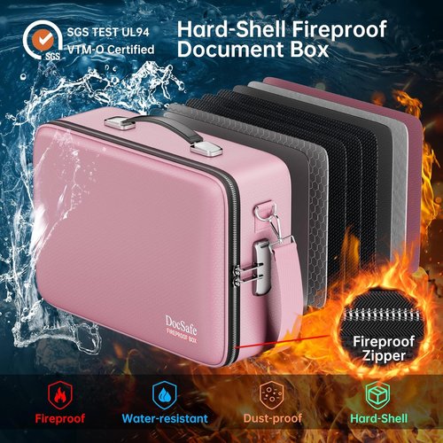 DocSafe Fireproof Document Box - Secure Hard Case Organizer with Lock & Shoulder Strap | Portable Pink Storage for Important Files