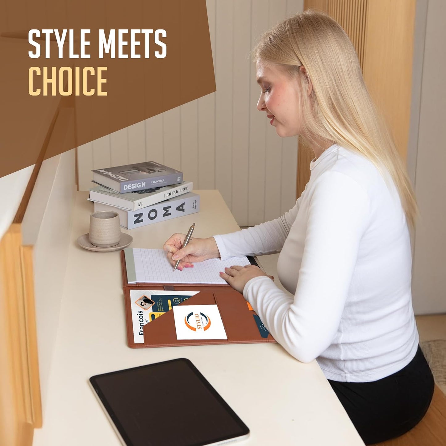 Stylio Padfolio | Elegant Tan Portfolio Organizer with Letter-Sized Notepad & Business Card Holder
