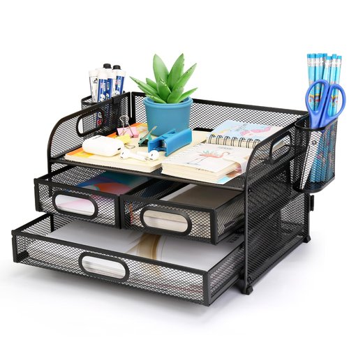 Carperipher 3 Tier Mesh Desk Organizer with Drawer for Desk Pencil Holders, Office Supplies, Folders, File,Notebooks, Stationery, Desk Organizer with 2 Pen Holder for Home, Office, School