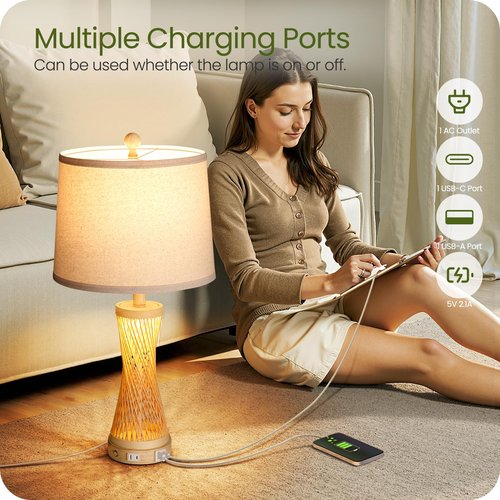 24.4” Farmhouse Rattan Table Lamps Set of 2, Touch Bedside Lamps for Bedroom with 3-Way Dimmable Night Light, USB A+C Charging Ports, Bamboo Boho Nightstand Lamp with Cream Linen Shade(Bulbs Included)