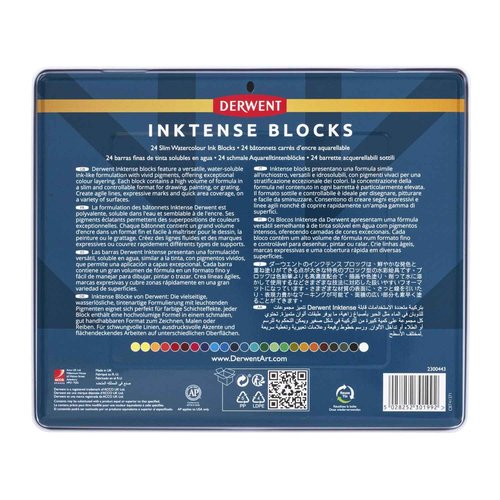 Derwent Inktense Blocks 24 Tin, Set of 24, 8mm Block, Soft Texture, Watersoluble, Ideal for Watercolor, Drawing, Coloring, Crafts and Painting on Paper and Fabric, Professional Quality (2300443)