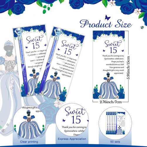 Sayglossy 50 Sets Quinceanera Party Favors Sweet 15th Thank You Gifts Big Crystal Diamond Pens with Thank You Cards Retractable Ballpoint Bling Pens 15 Birthday Mis Quince Gifts for Guests(Navy Blue)