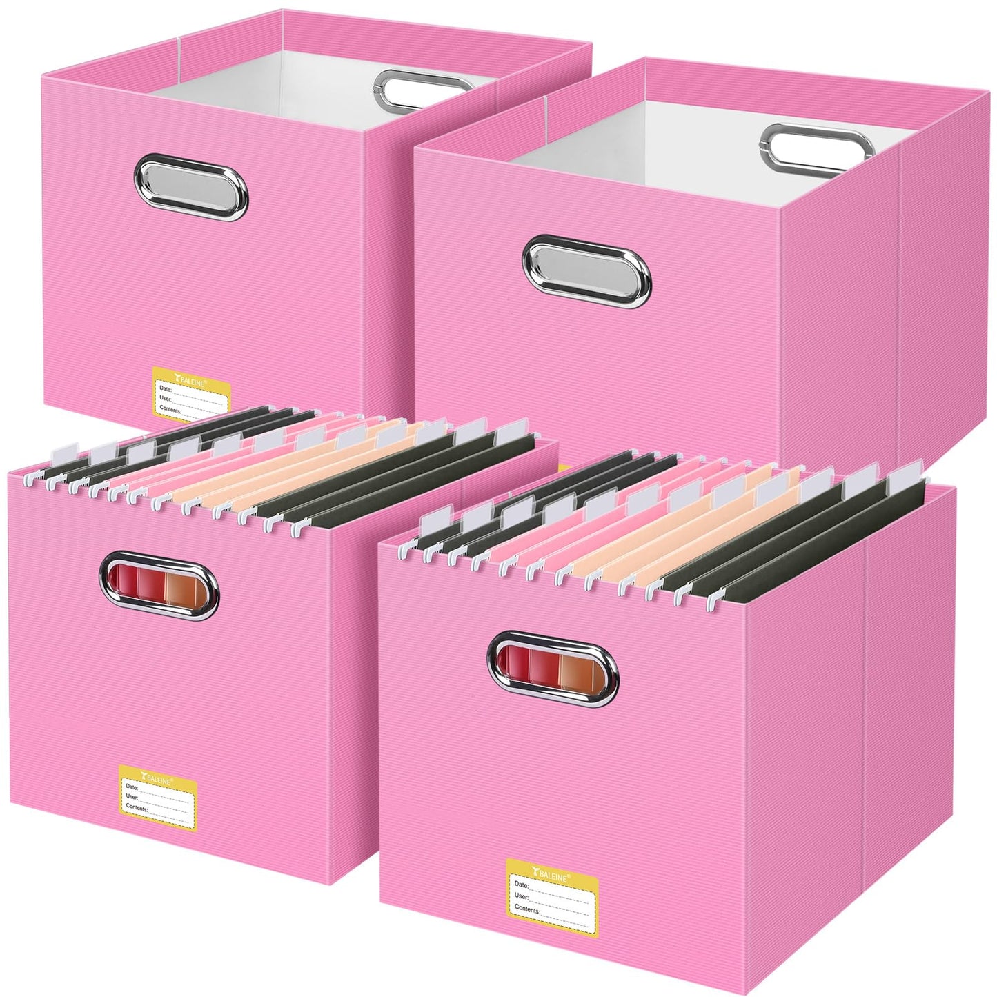 BALEINE File Organizer Box, Cardboard File Folder Organizer with Handle for Letter Size, Portable Collapsible Hanging Filing Box for Home Office Document Storage (4 Pack, Large Pink)