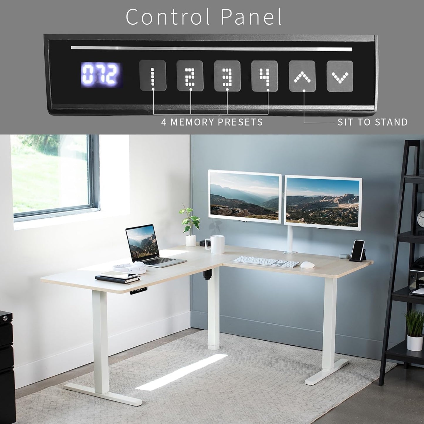 VIVO L-Shaped Standing Desk - 63 x 55 Inch Electric Height Adjustable Workstation | Light Wood Top & White Frame