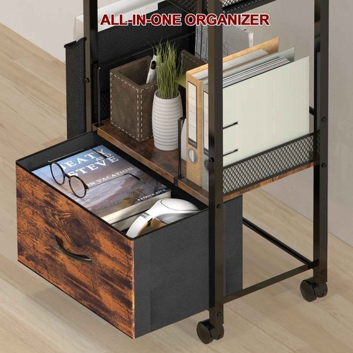 Mobile 3-Tier Printer Stand with 2-Drawer File Cabinet, 24 Extended Desktop & Lockable Wheels, Adjustable Rolling Cart for Home Office Storage (Rustic Brown)