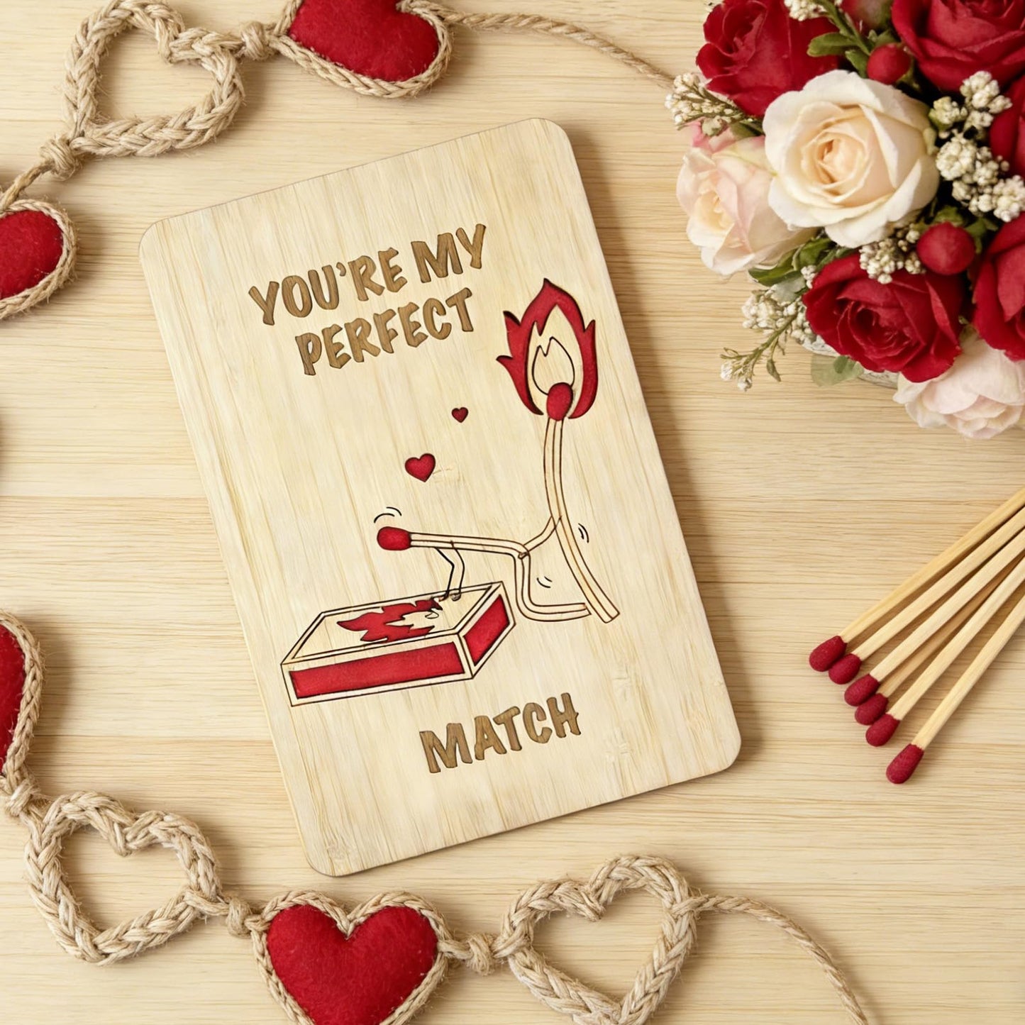 VANSUN Wooden Father's Day Card for Husband,You’re My Perfect Match Romantic Love Card, Engraved Anniversary,Birthday Cards for Boyfriend,Girlfriend,Mother's Day Card for Wife