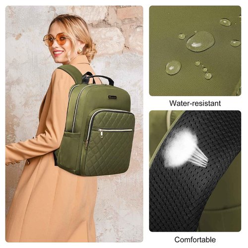 Modoker 15.6 Inch Women's Laptop Backpack, Quilted Work and Travel Backpack with USB Charging Port, Green