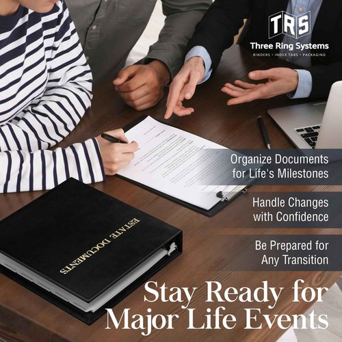 Estate Planning Binder DX Pre-Labeled Tabs, 1.5-Inch Angle D Ring, Faux Leather, Sheet Protectors– Organizing Wills, Trusts, Powers of Attorney & Final Wishes (Gold on Black - Deluxe) + Linen Folder