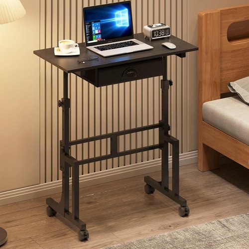 Skiennix Adjustable Height Standing Desk - Rolling Sit-Stand Desk with Drawer & Wheels, Black
