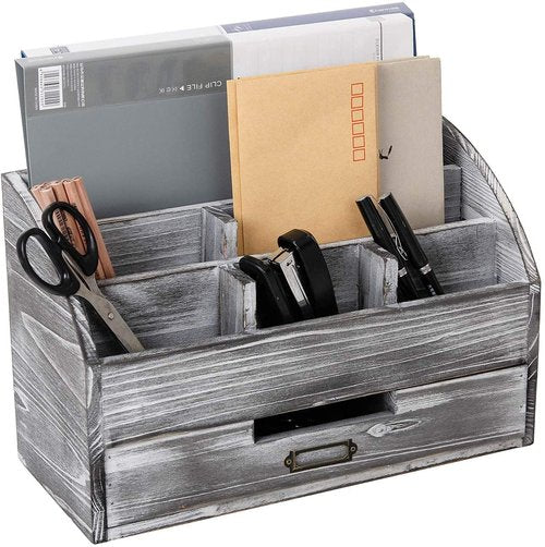 VERGOODR Rustic Wooden Office Desk Organizer 5 Compartment with 2 Drawer &Counter Home Tabletop Desktop Jewelry Mail Rack Storage Box for Pens Notebooks Folders Pencils (Grey white)