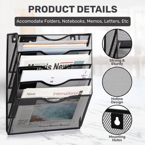 ZYLEN Wall File Holder – Sleek Black Metal Organizer for Documents and Folders, Home, and Classroom – Compact and Stylish Storage Solution for Papers, Folders, and Files (38 x 32 x 10 cm)