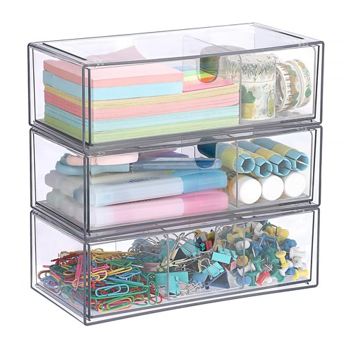GUSHBIN Acrylic Pencil Drawer with Removable Dividers Clear Pull Out Pen Drawer Organizer Stackable Bathroom Organizer for Makeup, Cosmetics, Office Supplies,3 Pack