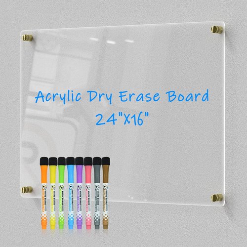Clear Acrylic Dry-Erase Board 24x16 | Transparent Wall-Mount Writing Panel | Includes 8 Color Markers, Eraser, Standoff Screws & Install Kit | Ideal for Home & Office