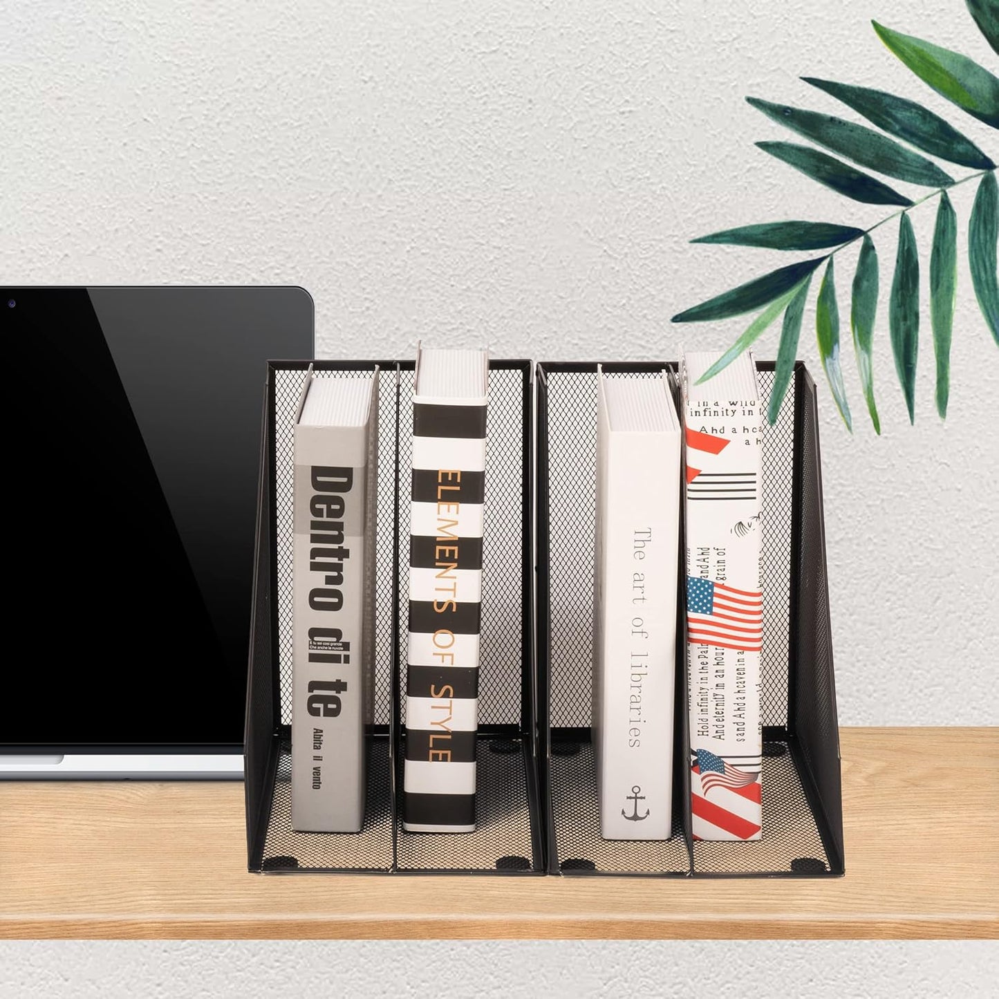 Skiennix Magazine Holder - Metal Wire Design with 2 Compartments | Stylish Black Desk Organizer