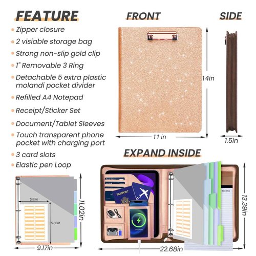 KLLVE Leather Padfolio Portfolio with Clipboard Storage, Removable 3 Ring Binder 1 Inch Zipper Binder, Document Organizer for Women Men with Notepad, 5 Pocket Dividers, Pen Holder, Rose Gold