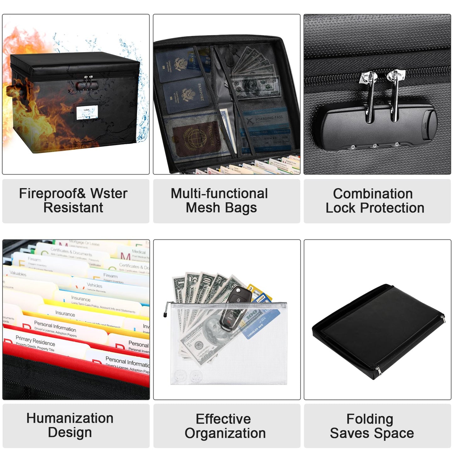 File Box Fireproof Document Box with Lock, Document Safe File Storage Organizer Boxes for Next of Kin Estate Planing Organizer End of Life Planner (Box With Accessories, Black)