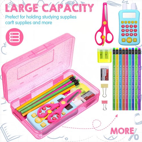Cholemy 6 Pcs Plastic Pencil Box Large Capacity Glitter Clear Pen Box Hard Pencil Case with Snap Tight Lid Translucent Storage Organizer for Storing Office School Supplies(Red, Blue and Yellow)