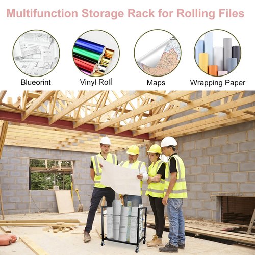 Blueprint Holder Rack Cart,Blueprint Storage Rack Metal with Wheels 12 Slots Roll File Holder,Blue Print Storage Organizer for School Home Office to Construction Plan Holder Poster Architectural.