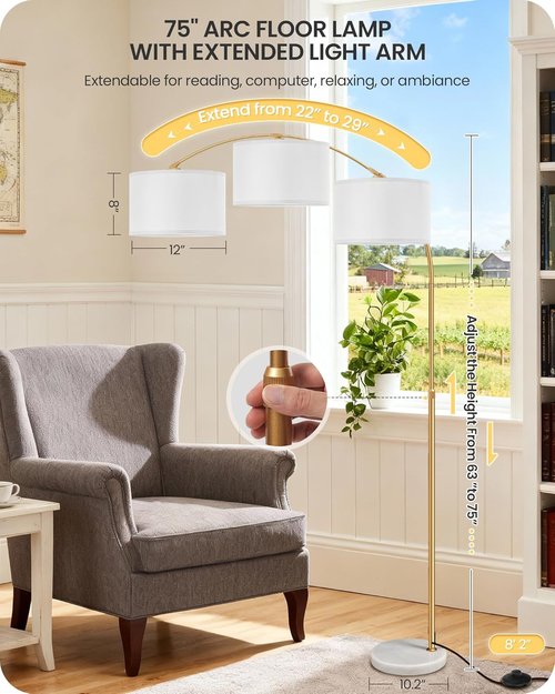 75" Arc Floor Lamp by DW15LD05 - Dimmable with Remote & Adjustable Height | Marble Base & Rotating Shade