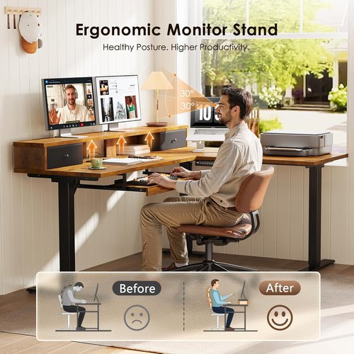 OffiGo L-Shaped Electric Standing Desk - Height Adjustable Corner Desk with Drawers & Monitor Stand | Rustic Brown, 59 Inch