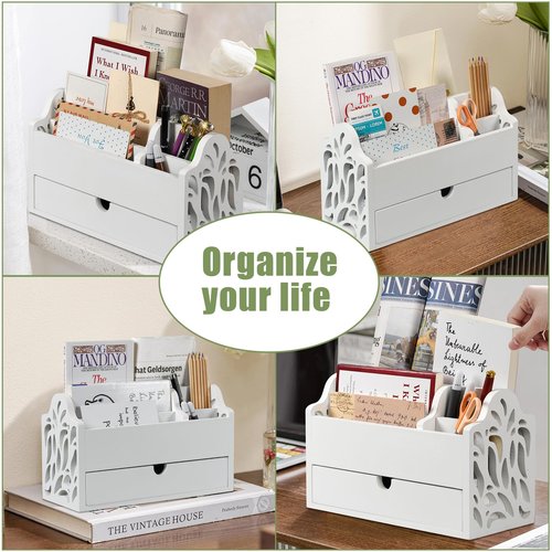 Dhmkfly Desk Organizer with Drawer Wood File Office Mail Organizer Countertop-5 Slot Tabletop Storage Pen Organizer Letter Holder for School Home Office Supplies (White)