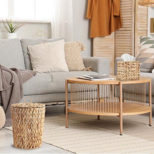 YOKOMI 4 Gallon Wicker Trash Can with Lid and Square Wicker Tissue Box Cover, Boho Decorative Handwoven Water Hyacinth Rattan Bedroom Bathroom Living Room Accessories Decor (Natural)