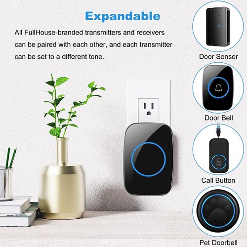 FullHouse Wireless Door Chime - 1000ft Range, 60 Chimes & 5 Volume Levels | Black, 4 Sensors + 2 Receivers