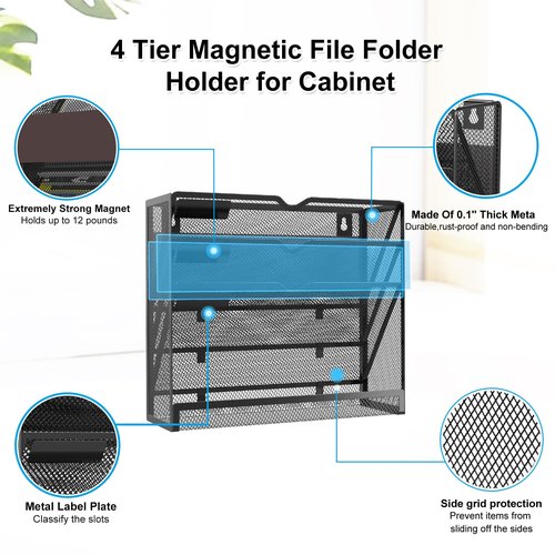 KZWKRG 4 Tier Magnetic File Holder, Large Capacity Mesh Hanging Wall Organizer Vertical Magnetic Hanging File Organizer, Magnetic File Folder Holder for File Cabinets, Office, Whiteboard (Black)