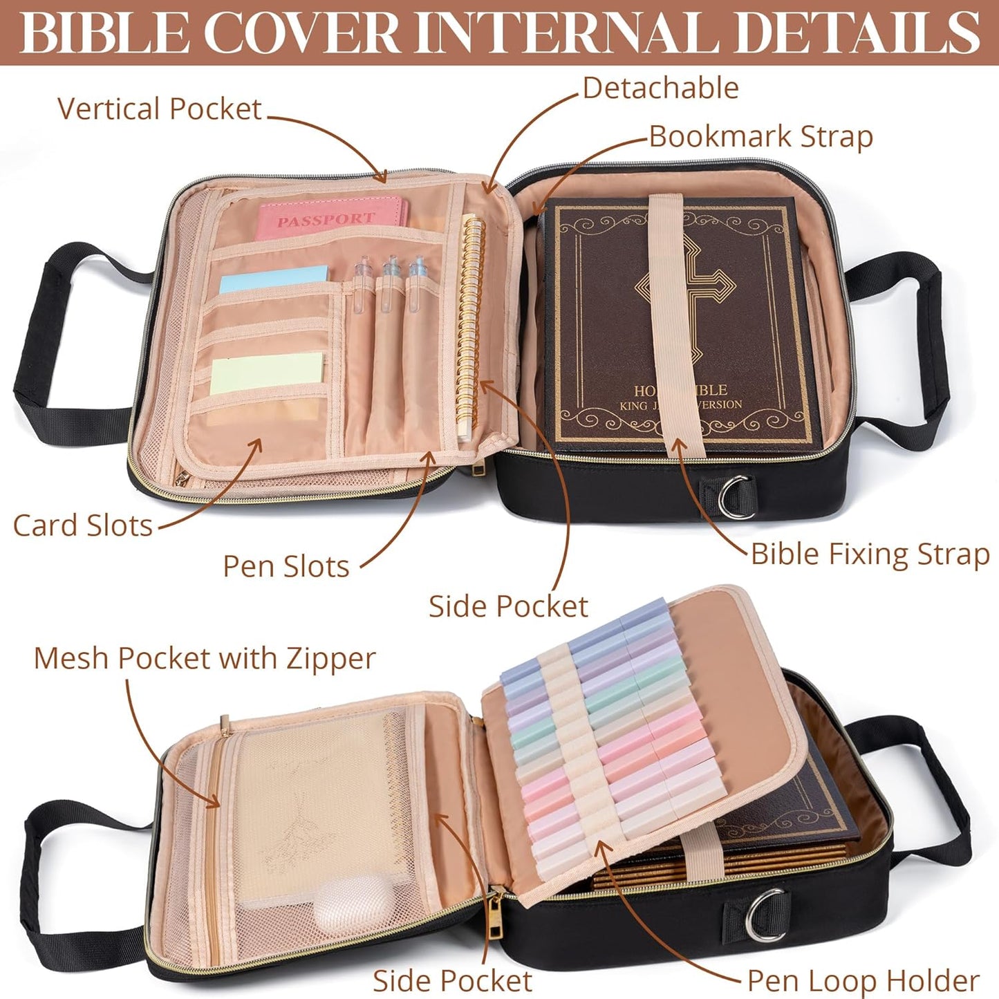 Skiennix Bible Cover Case for Women - Large Bible Bag with Shoulder Strap & Journaling Kit | Pastel Highlighters & 75 Tabs