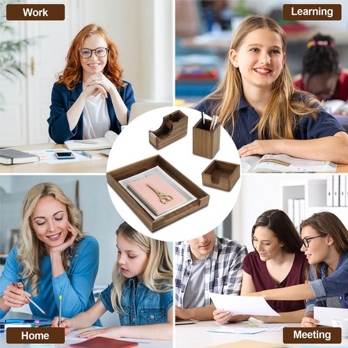 Buqoo North American Walnut Wooden Desk Organizers, 4PCS Desk Asccessories with Letter Tray, Pen Holder, Sticky Note Holder & Tape Dispenser for Office Supplies Storage Organization and Home Office