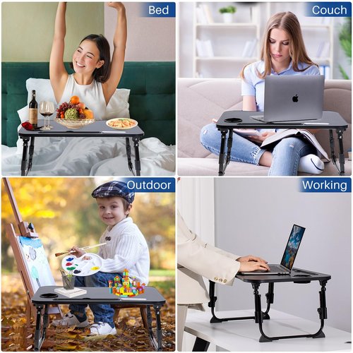 Laptop Desk for Bed, Height Adjustable Laptop Bed Table, Foldable Portable Lap Desk Stand with USB/Storage Drawer/Cup Holder/Slot, Breakfast Tray for Working Reading Writing Eating