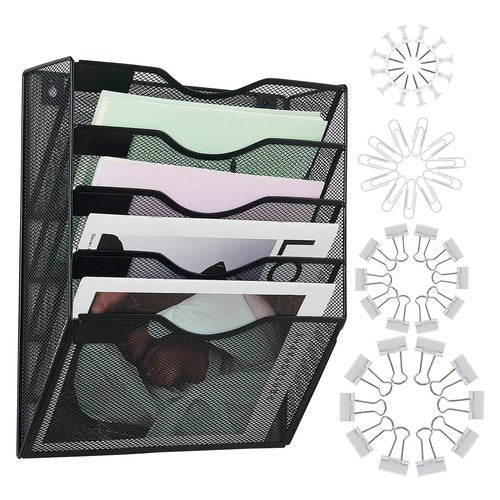 LEKETREE Hanging Wall File Organizer with Office Assorted, 5 Pockets Mesh Wall Mounted File Folder Holder for Mail, Paper, Document, Binder, Magazine, Menu (Black)