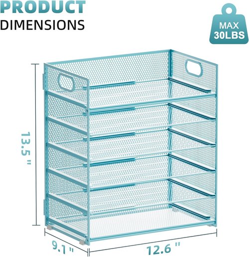 Marbrasse 6-Tier Paper Organizer | Mesh Desk File Holder with Handle for Letter/A4 Folders - Blue