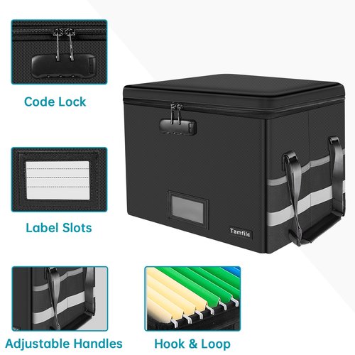 Tamfile Fireproof Document Box, Fireproof File Box with Lock, Ease of Assembly, Water Resistant File Storage Organizer for Hanging Letter/Legal Folder, Collapsible Portable Filing Box for Home Office
