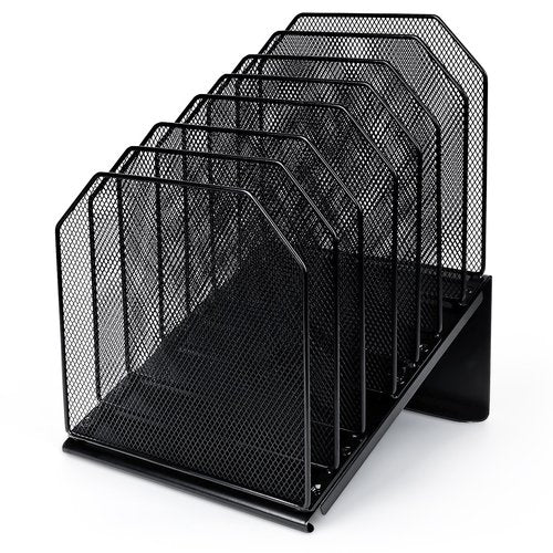SUMMORO Inclined File Organizer for Desk, 7-Section Vertical File Folder Holder Office Desk Organizer Metal Rack File Wire Mesh Desktop Document Sorter for Office School Classroom Home (Black)