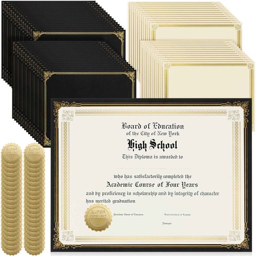 Kosiz 300 Pcs Linen Certificate Holders Kit 100 Gold Foil Certificate Paper 100 Single Sided Linen Diploma Holders 8.5'' x 11'' 100 Gold Foil Award Seals Sticker for Award Accomplishment(Black)