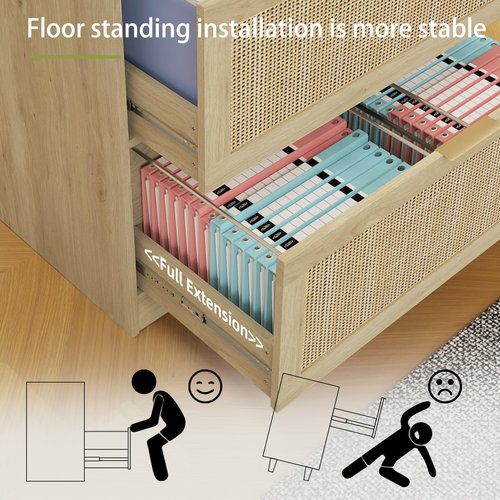HOPUBUY 2 Drawer File Cabinet with Lock, Printer Stand Lateral Filing Cabinets for Home Office and School, Wood Rattan File Cabinet for Hanging Files/Letter/Legal/A4/F4 Size, Oak