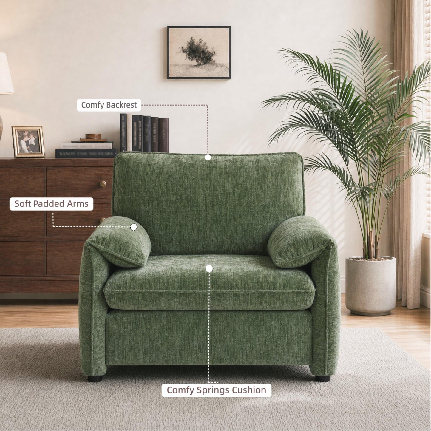 Sivoey Oversized Accent Chair, 41 inch Modern Armchair for Living Room, Wide Reading Chair w/Deep Seat Springs Cushion, Padded Arms, Chenille Single Sofa Chair for Bedroom, Apartment, Green