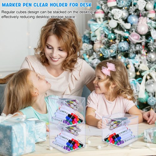 Kosiz 6 Pcs Back to School Stackable Pen Organizer 5.12 Inch Marker Pen Clear Holder Stackable Cube Organizer Removable Divider Acrylic Holder for Office Desk Desktop Storage