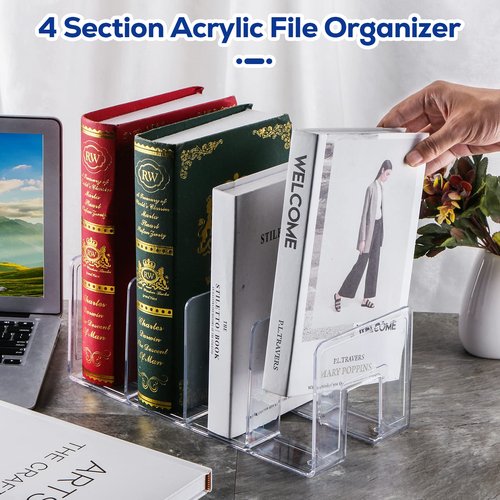 AFOROEOA 4Pack 4-Section Clear Acrylic Desk File Sorter, Desktop File organizer Purse Handbag divided organizer for Book, Envelopes, Mail, Document, Notebook, Office Supplies (13x5.9x5inch)