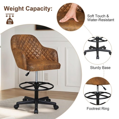 VECELO PU Leather Drafting Chair with Low Back and Footrest Ring, Height Adjustable, Swivel Rolling Wheels, for Drawing/Standing Desk/Office, Brown