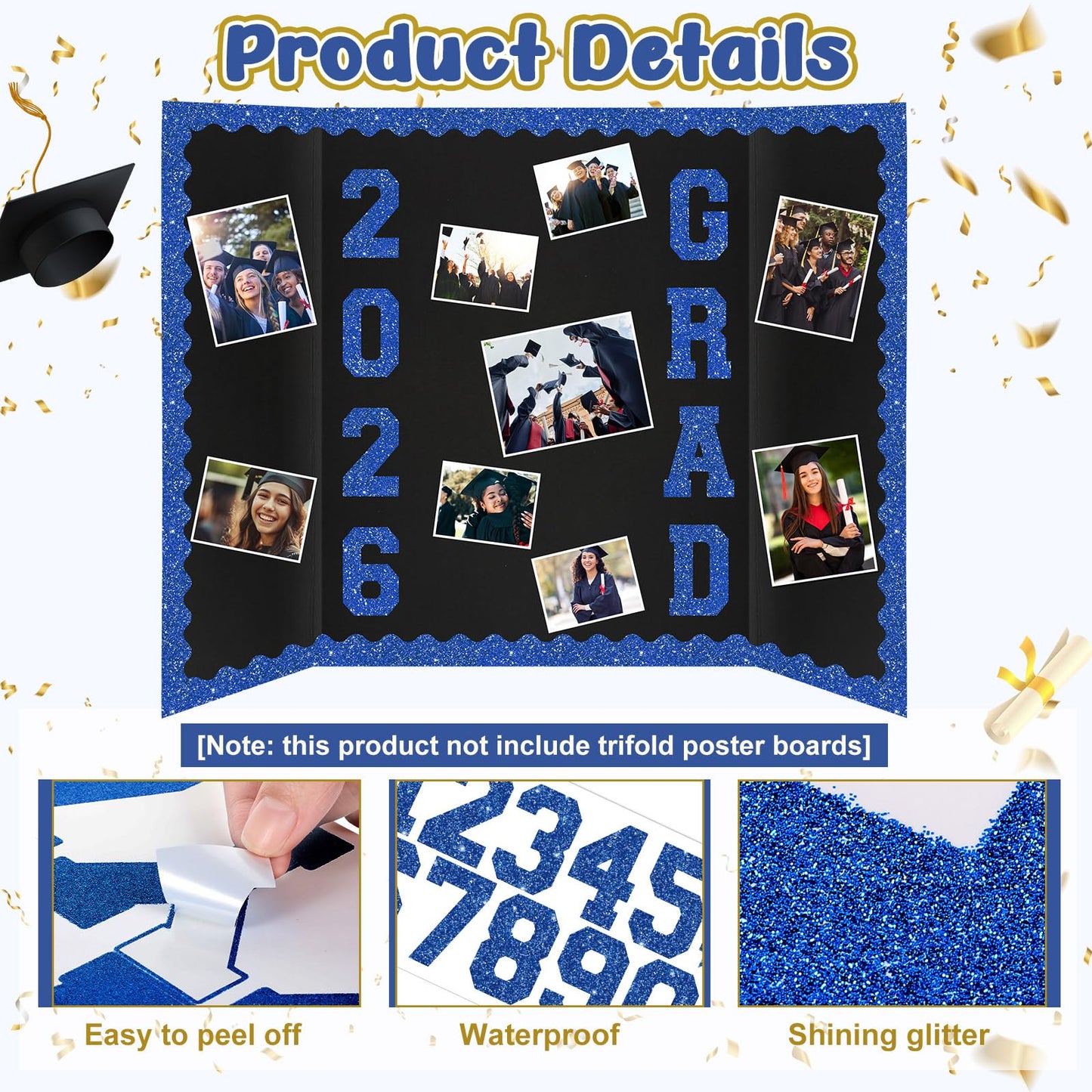 FunooFuno Blue 175 Pcs Graduation Photo Display Board Sticker Glitter Border Trim Alphabet Letter Number for 2026 Grad Party Trifold Poster Photo Display Event Displays Bulletin Board