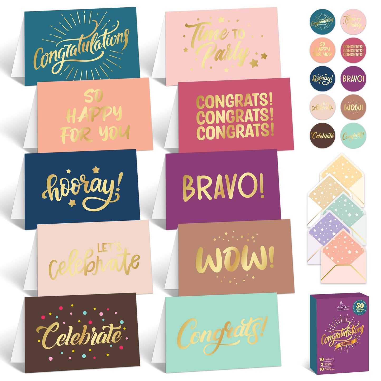 Decorably 50 Pack Gold-Foiled 6x4in Congratulations Cards with Envelopes & Stickers, 10 Elegant Designs, Blank Inside - Graduation, Engagement, Weddings, Milestones, Achievements, Gifting, Mailing