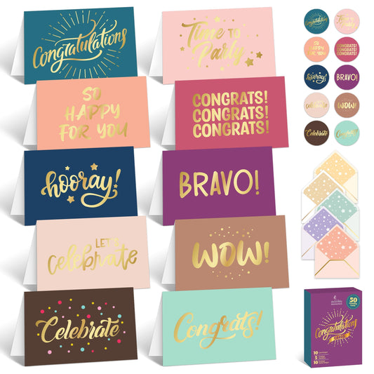 Decorably 50 Pack Gold-Foiled 6x4in Congratulations Cards with Envelopes & Stickers, 10 Elegant Designs, Blank Inside - Graduation, Engagement, Weddings, Milestones, Achievements, Gifting, Mailing