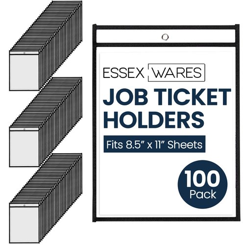 Essex Wares - 100 Pack, Black, Job Ticket Holders, 10" Wide x 13.5" Tall - Clear Plastic Shop Ticket Holders - Easy to Use, Reusable & Easy Erase Plastic Invoice Holders, Water-Resistant & Durable