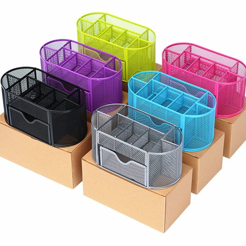 Rkqoa Black Mesh Desk Organizer Desktop Office Supplies with 9 Compartments, Office Desktop Organizer with Drawer, Metal Pen Holder Stationery Caddy Multifunctional Organizer for Desk Organization