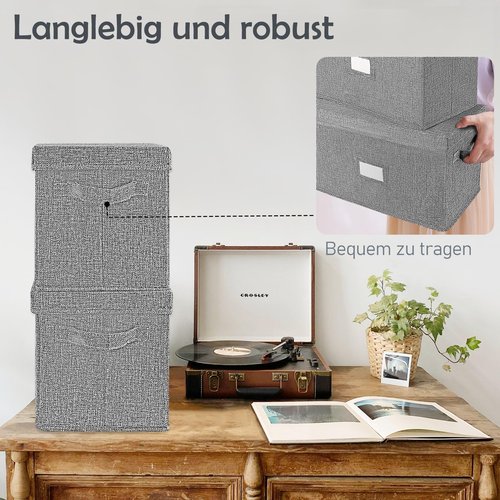 Vinyl Record Storage Box for 7"/45 RPM LPs, Grey Case with Lid Holds up to 80 Albums, CD Crate Play Music Collection Holder, Collapsible File Folder Cabinet Organizer with Handle